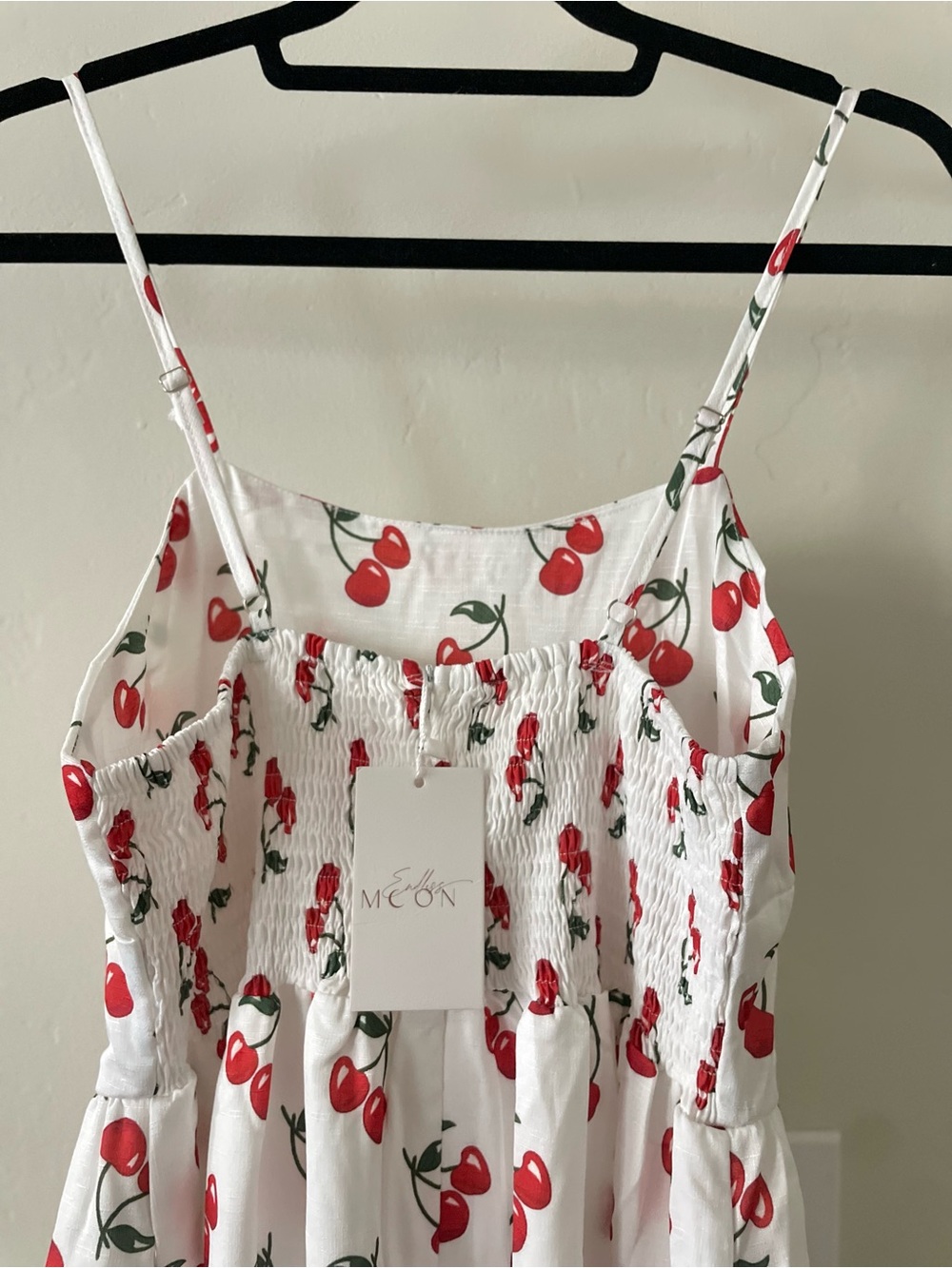 White Cherry Print Maxi Dress with Spaghetti Straps and Fitted Bodice - Picture 6 of 8